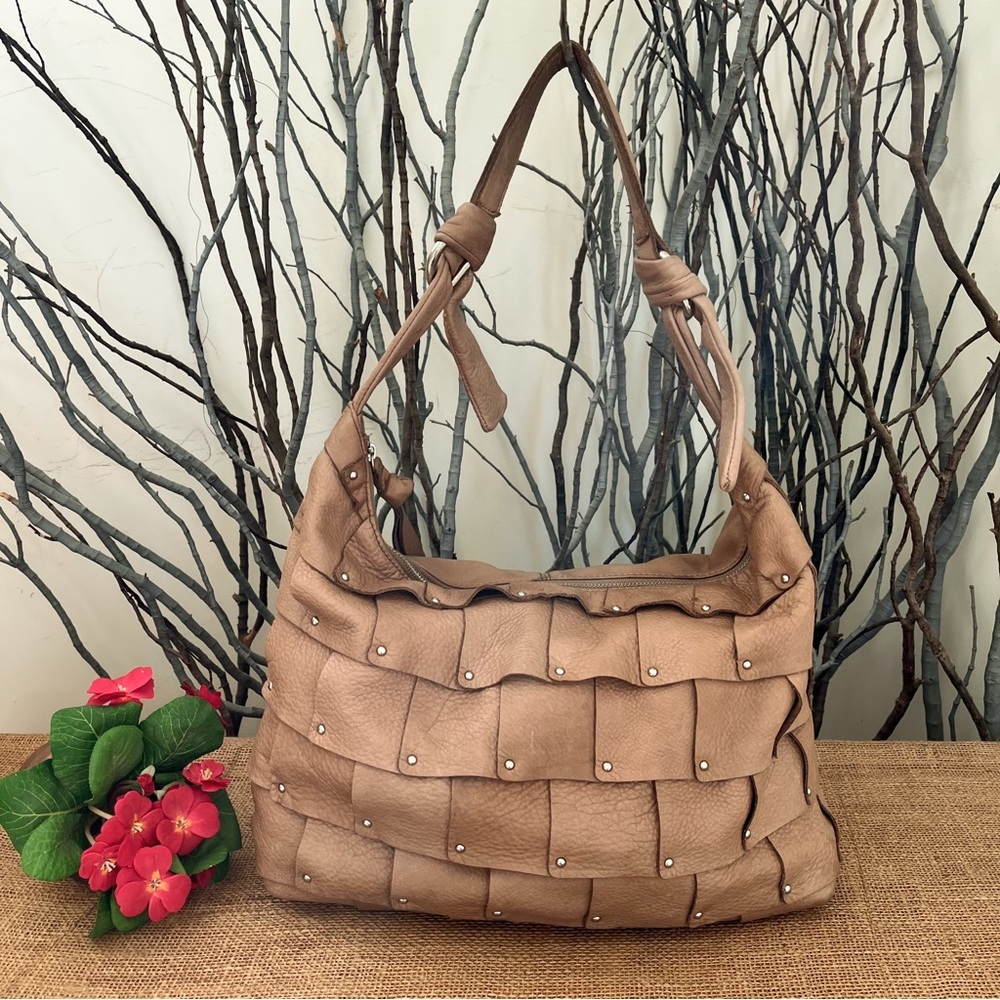 B. Makowsky Large Slouchy Boho Leather Light Brown Hobo Bag - Picture 6 of 16